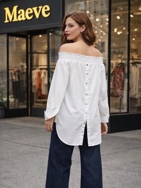 🌸Maeve Off-Shoulder Button-Back White Oversized Size XS classic minimalist chic